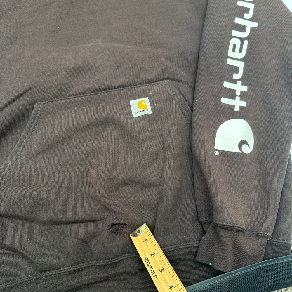 Carhartt K288 DKB Mens Large Brown Midweight Logo Sleeve Hoodie Thrashed READ - Picture 2 of 10